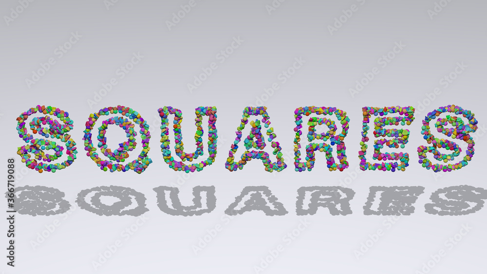 Poster squares: 3d illustration of the text made of small objects over a white background with shadows. abs