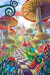 Foto op Aluminium fantastic landscape with mushrooms, beautiful old castle and butterflies. illustration to the fairy tale "Alice in Wonderland" © svetlanasmirnova