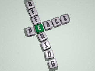 crosswords of peace offering arranged by cubic letters on a mirror floor, concept meaning and presentation. illustration and background