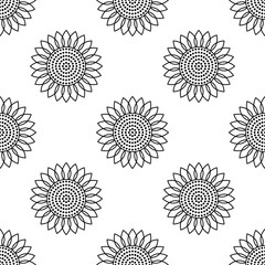 Sunflowers. Vector seamless pattern. Simple flat style. Abstract black elements on a white background. For backdrops decoration, banners, packings, textiles, paper, fabrics, and more creatives designs