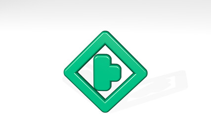 road sign side road right 1 alternate stand with shadow. 3D illustration of metallic sculpture over a white background with mild texture. city and car