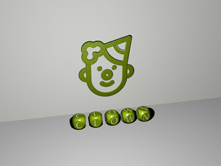 3D representation of clown with icon on the wall and text arranged by metallic cubic letters on a mirror floor for concept meaning and slideshow presentation. illustration and cartoon