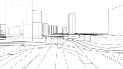 Sketch of 3D city with buildings and roads