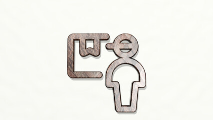 DELIVERY PACKAGE PERSON made by 3D illustration of a shiny metallic sculpture on a wall with light background. business and box