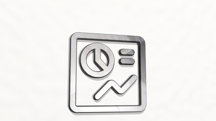 PIE LINE GRAPH made by 3D illustration of a shiny metallic sculpture on a wall with light background. chart and cake