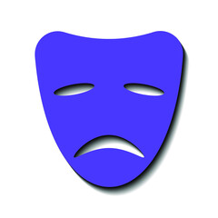 Blue mask of sadness and black shadow on a white background, sign for design, vector illustration