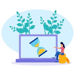 The young woman sat on a pile of coins with an hourglass and achieved success with her business. Financial concepts, time management. Flat vector illustration.