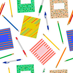 Seamless pattern stationery for school notebooks pencils pens vector illustration