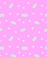 seamless pattern with pink hearts and camera