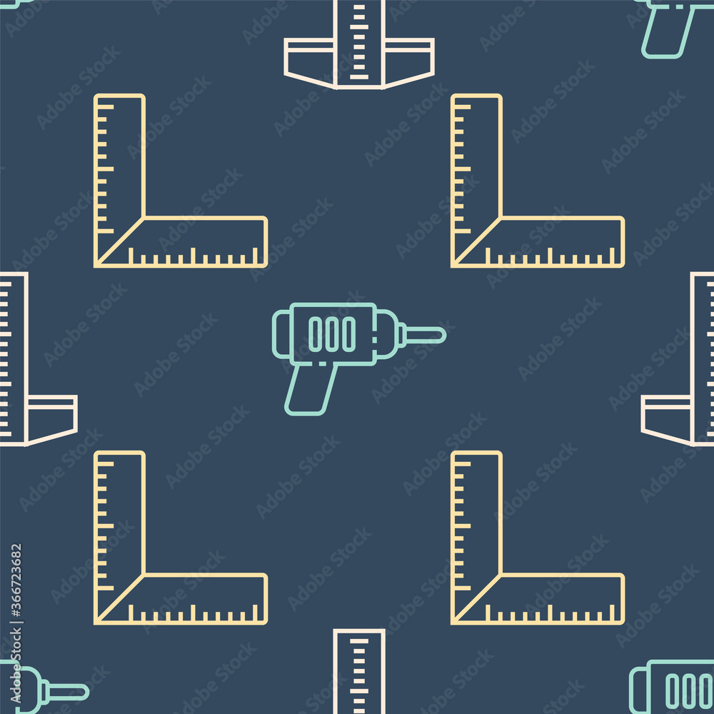 Poster set line t-square line, corner ruler and electric drill machine on seamless pattern. vector.