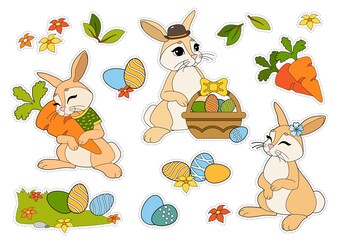 Easter stickers set with rabbits, Easter eggs, flowers, carrots isolated on white background. Wild animals and seasons. Cut and glue children games and decorations. Ready-to-use sources for educators.