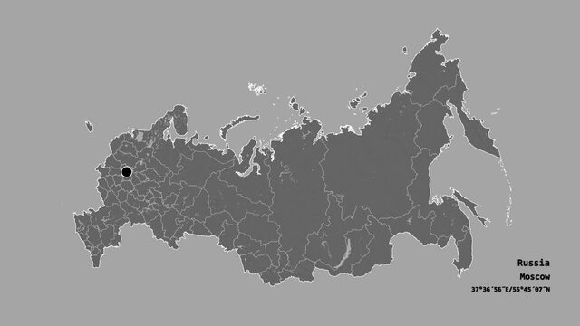 Kursk, region of Russia, with its capital, localized, outlined and zoomed with informative overlays on a bilevel map in the Stereographic projection. Animation 3D