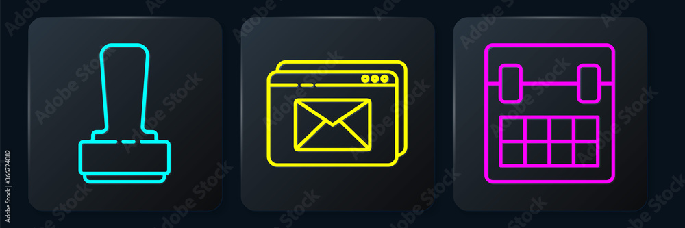 Poster set line stamp, calendar and website and envelope. black square button. vector.