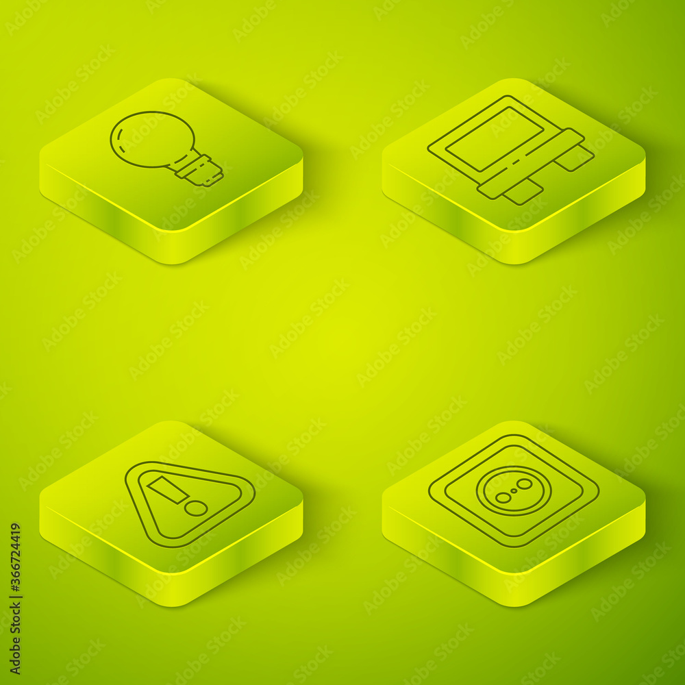 Poster set isometric fuse, exclamation mark in triangle, electrical outlet and light bulb with concept of i