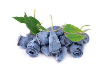 Fresh honeysuckle blue berry fruits with leaf, isolated on white background.