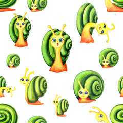 watercolor seamless pattern with little funny yellow snails with green shells
