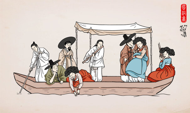 Korean traditional painting - men and women wearing hanbok on the boat. Hand drawn / Vector illustration. 