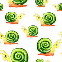 watercolor seamless pattern with little funny yellow snails with green shells