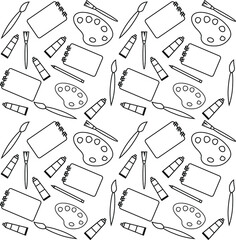 Doodle artist's pattern. Print with pencils, paints, paper. Black print on white background.