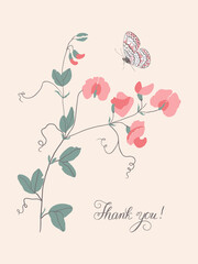 Thank you, lettering. Vertical greeting card with grass mouse peas with flowers and butterfly.