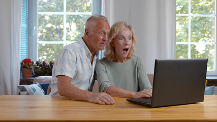 Mature couple looking at laptop screen feels excited