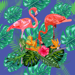 Trendy seamless pattern pink flamingo birds couple. Bright camelia flowers. Tropical monstera green leaves.
