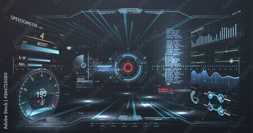 Poster Virtual reality. Futuristic VR head-up display design. Sci-Fi helmet HUD, GUI,UI. Futuristic display with data, speedometer and statistics panel. Cockpit of futuristic autonomous car. High tech screen