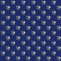 Monochrome small bouquet flowers on blue background. Handmade work rose, peony and flower orchid. Seamless pattern for design.