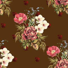 Watercolor bouquet flowers on brown background. Handmade work rose, peony and flower orchid. Seamless pattern for design.