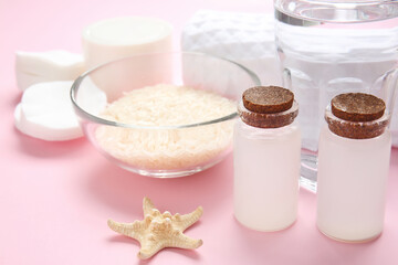 Healthy rice water on color background