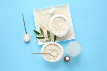 Healthy rice water on color background