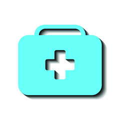 Blue first aid kit on white background and black shadow, sign for design, vector illustration