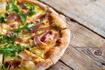 Pizza slices. Fast food copywriting place. Pizza delivery to the office. Home delivery of pizza. Fast food party. Gathering friends with pizza. Food party.