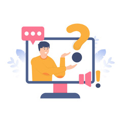 a customer service appears from the monitor or computer to provide service questions. flat design. concept Frequently asked questions or FAQs, question marks around people, online support center
