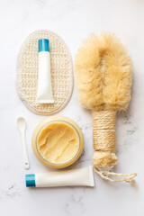 Spa composition. Eco friendly products. skin care cosmetics. lotion, body oil, mask, bath salt, handmade soap, bamboo brush