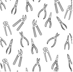 Seamless pattern with hand drawn working tools. Collection of hand tools. Handmade cartoon from various sketch elements: pliers, wire cutters, clamp. On a white background. Vector