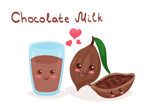 Kawaii vector illustration of Chocolate Milk in Glass & Cocoa Beans isolated on white background. Cute funny & happy food characters. Cartoon smiling dairy product for kids menu. Breakfast design.