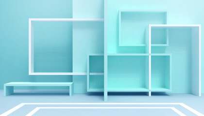 Abstract Podium Square geometry Modern Creative idea and Contemporary Display Minimal style on Blue - Green background - 3d rendering