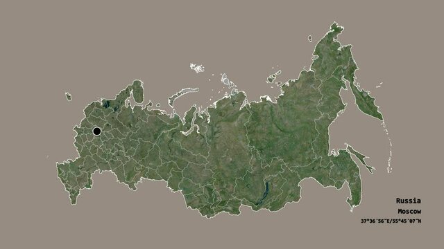 Moscow City, city of Russia, with its capital, localized, outlined and zoomed with informative overlays on a satellite map in the Stereographic projection. Animation 3D