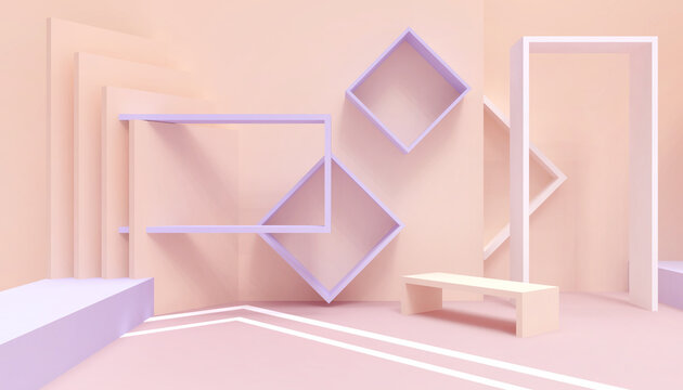 Abstract Podium Square geometry Creative idea and Modern Display Minimal style on Yellow monotone Background - 3d rendering