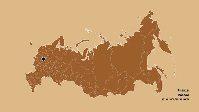 Moskva, region of Russia, with its capital, localized, outlined and zoomed with informative overlays on a solid patterned map in the Stereographic projection. Animation 3D