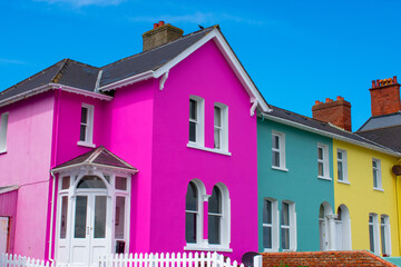 Colorful houses red, green, yellow and blue in row in Whitehead, Northern Ireland