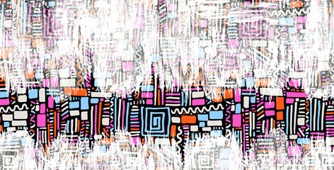 Modern multicolor spotted pop art digital composition with lines, dots and bricks.