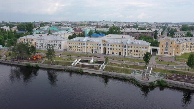 Picturesque embankment on the banks of the Turia River in the city of Krasnoturinsk. View from above. Russia