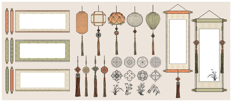 Chinese Hanging Scrolls / Oriental Vintage asian scrolls /Asian lanterns / Traditional patterns.