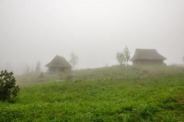 Stare drewniane chaty pasterzy spowite w gęstej mgle. Tatry, Polska