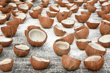 Many dry coconut cut into half, drying in the sun to make coconut oil in Kerala, India. Indian dry coconut or copra or dried kernel, of coconut used to extract coconut oil in rural village.