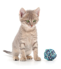 Little kitten playing with a ball of yarn.