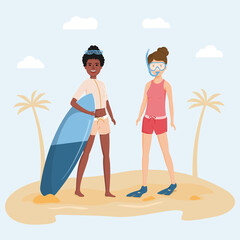 Young attractive girls enjoy summer vacation on the beach. Flat vector character design.