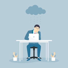 Depressed and tired businessman sitting at the desk in creative office. Flat vector illustration.